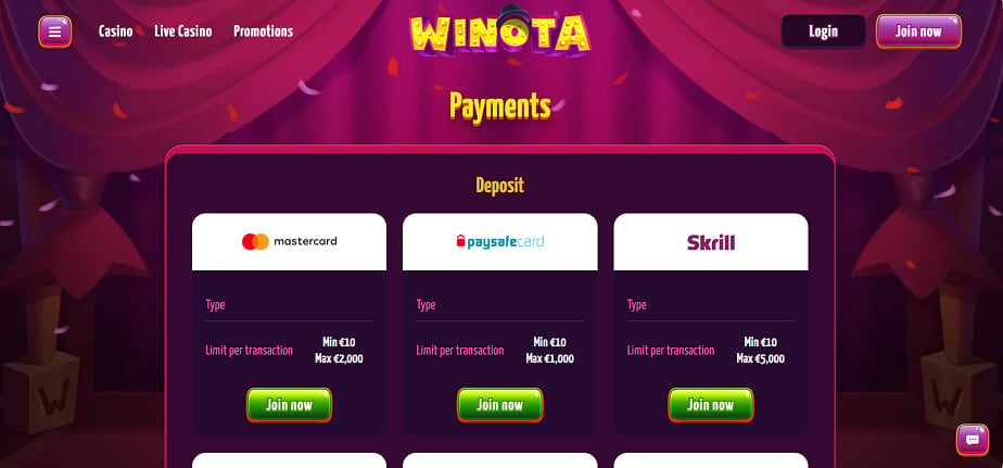 wypłaty w winota casino