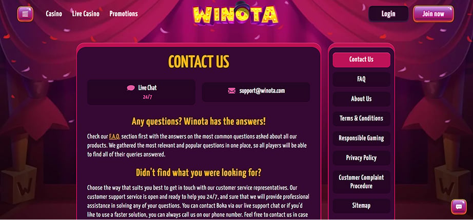 Obsługa Klienta Winota Casino