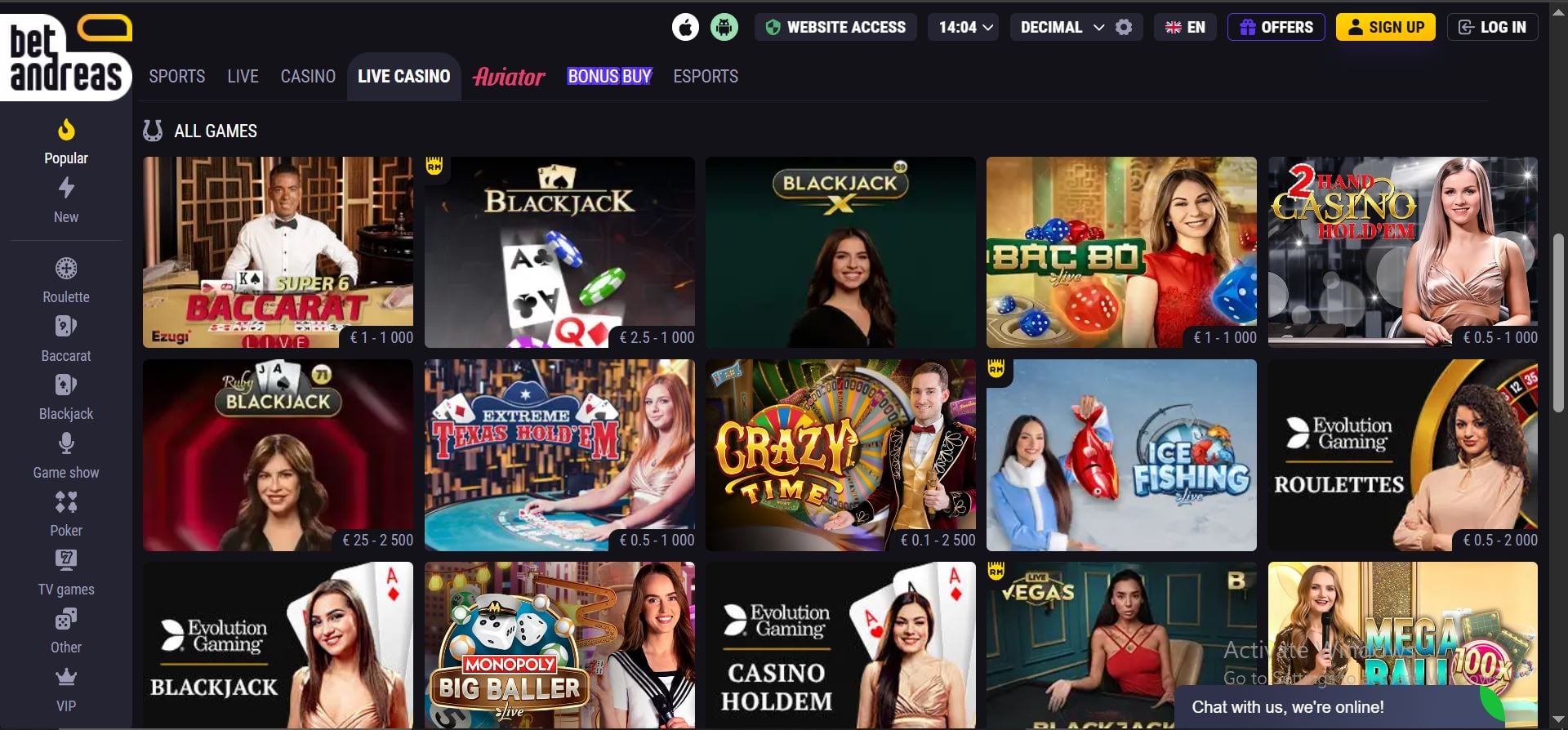 betandreas casino live games